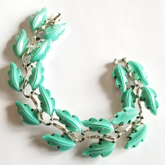 Vintage leaf bracelet turquoise blue silver tone leaves retro - Picture 1 of 13